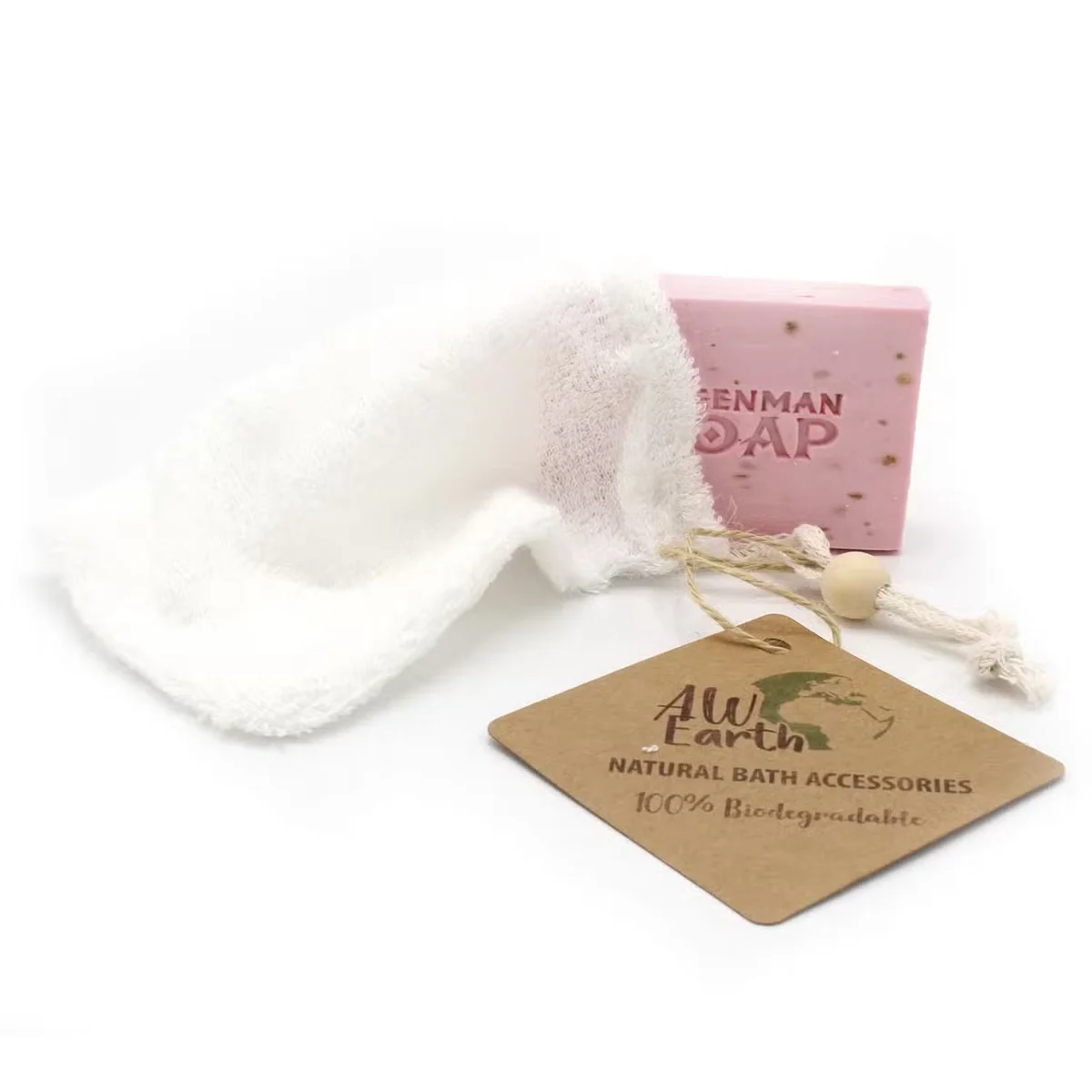 Bamboo bath soap holder, nature soap bag displayed with soap inside, eco‑friendly textile.