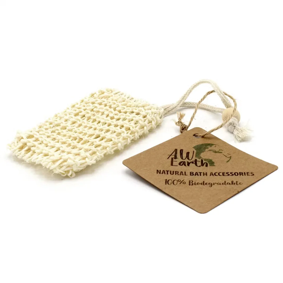 Eco friendly soap bag made of natural sisal fibers, hanging with a soap bar inside against a plain background