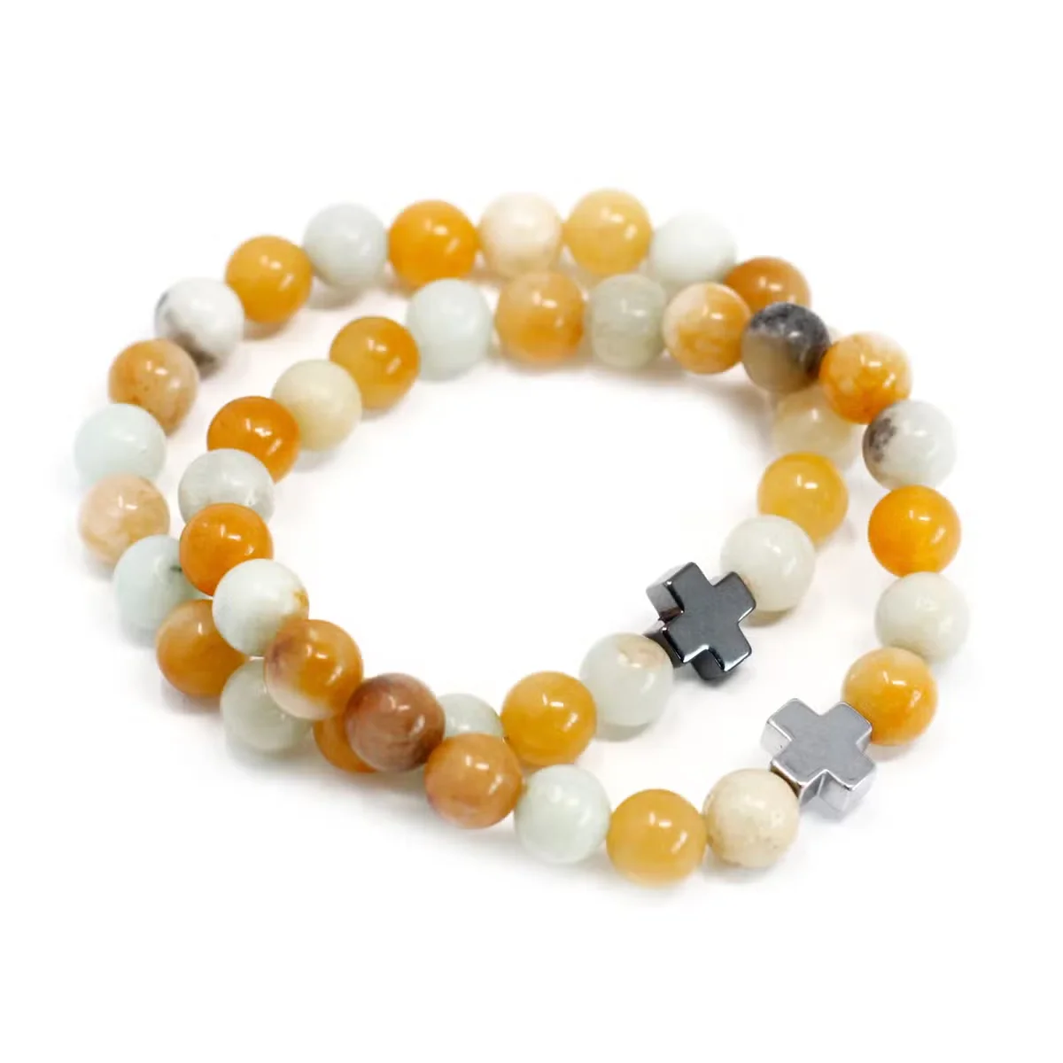 Two gemstone friendship bracelet set featuring blue amazonite and yellow jasper beads on adjustable cords
