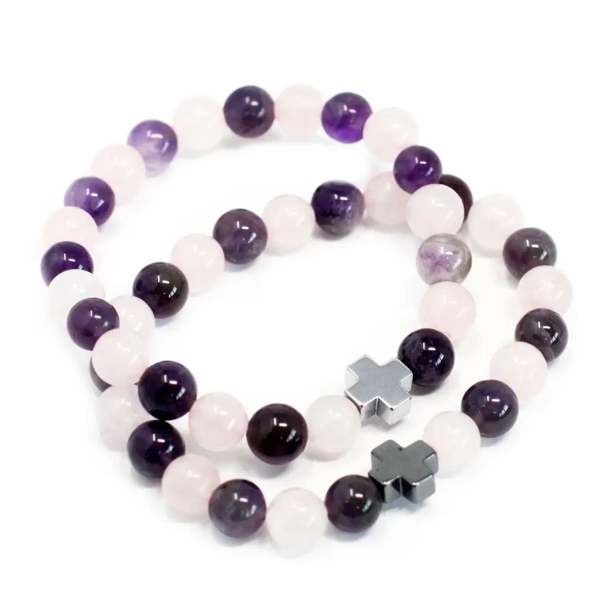 Set of 2 friendship bracelets featuring amethyst and rose quartz gemstones in a love-themed amethyst bracelet set