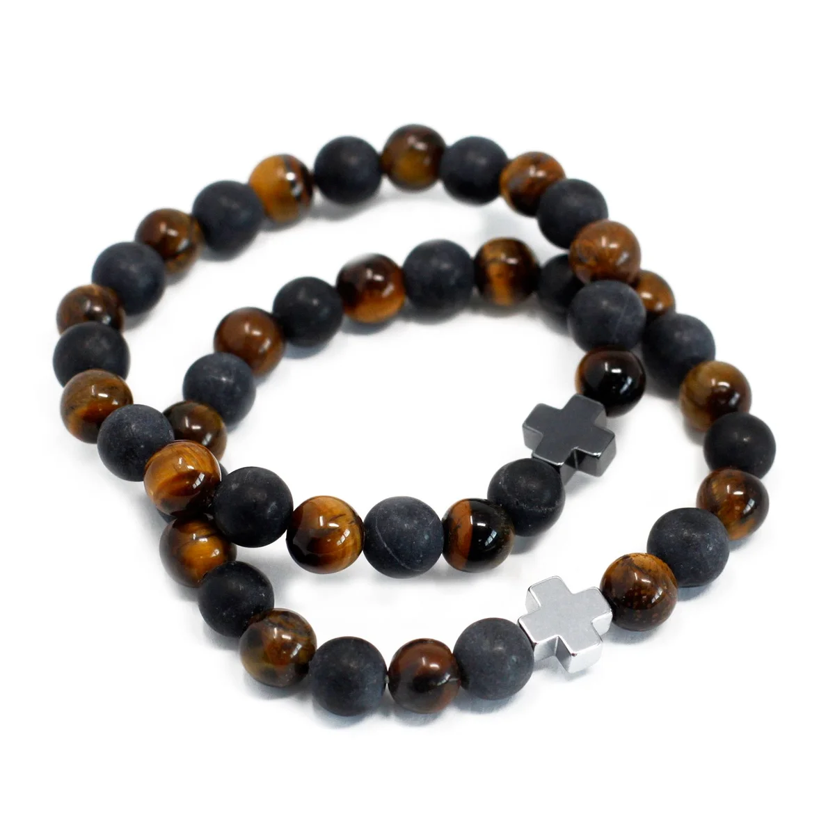 Set of 2 gemstone friendship bracelets featuring tiger eye and black stone beads on adjustable cords