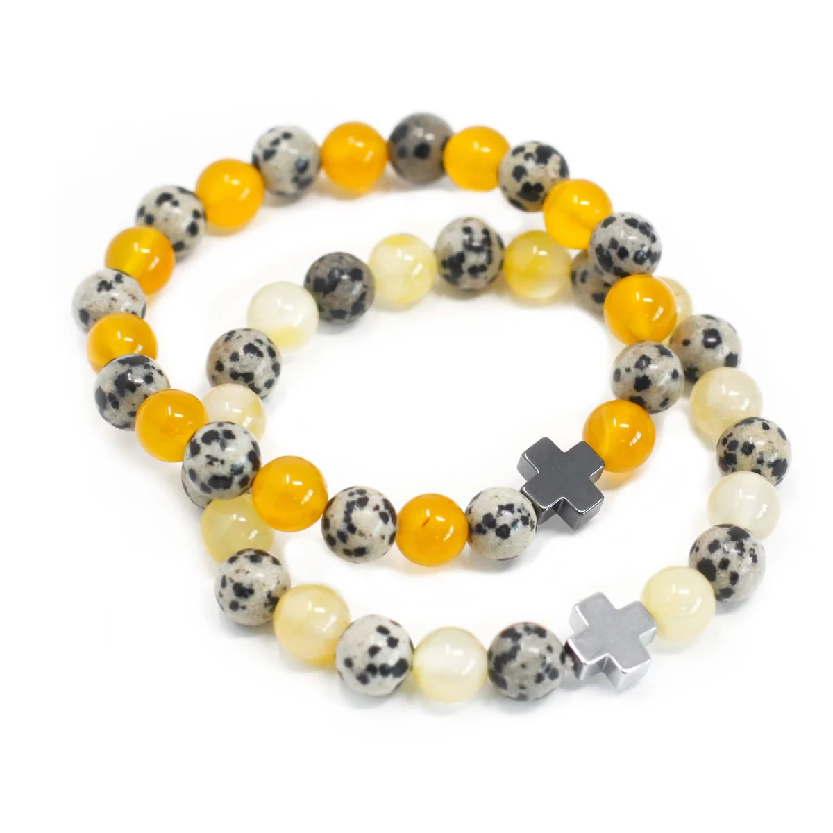 Set of 2 gemstone friendship bracelets featuring Dalmatian Jasper and Yellow Agate beads for protection