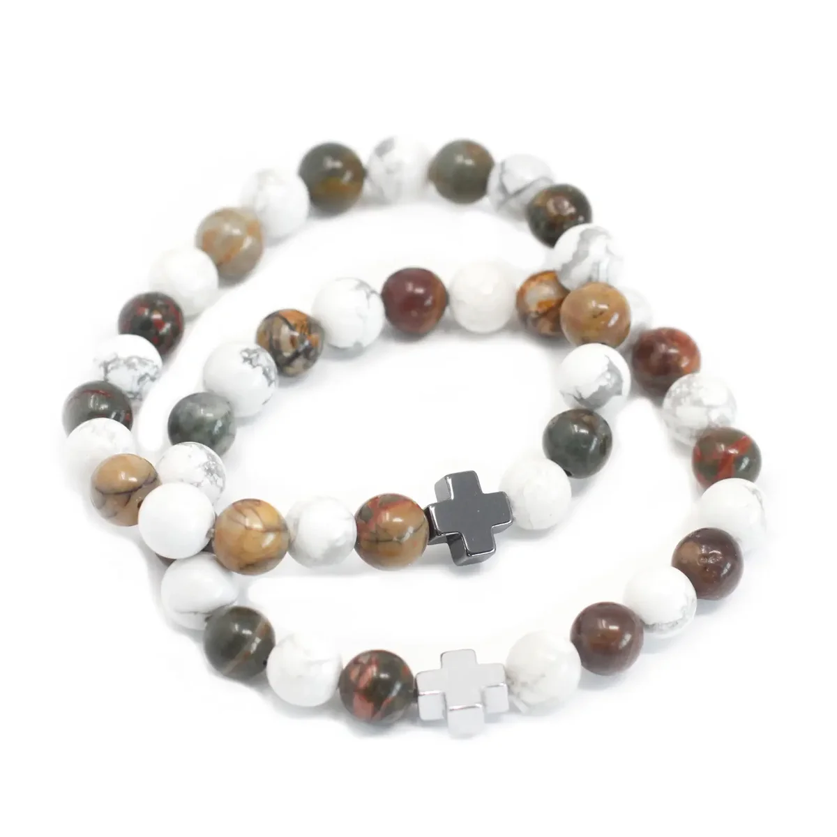 Set of 2 peace bracelets set featuring Picasso Jasper and White Howlite gemstones on adjustable cords