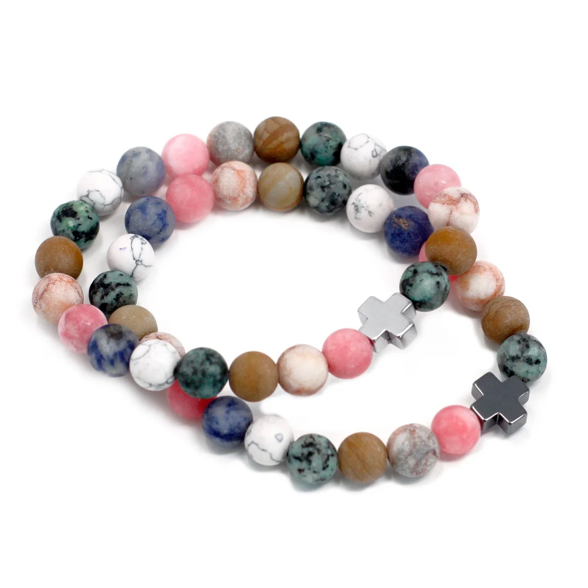 Set of two rainbow gemstone friendship bracelets, bright colorful beads tied together.
