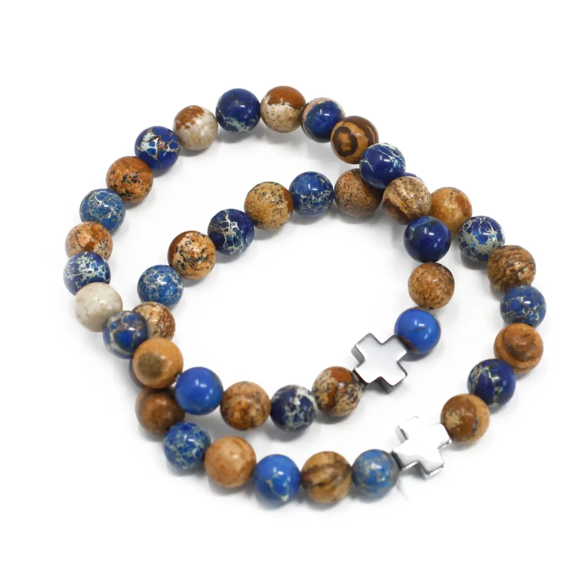 Set of 2 bracelets featuring sodalite and picture stone gemstones, relaxed friendship band styling