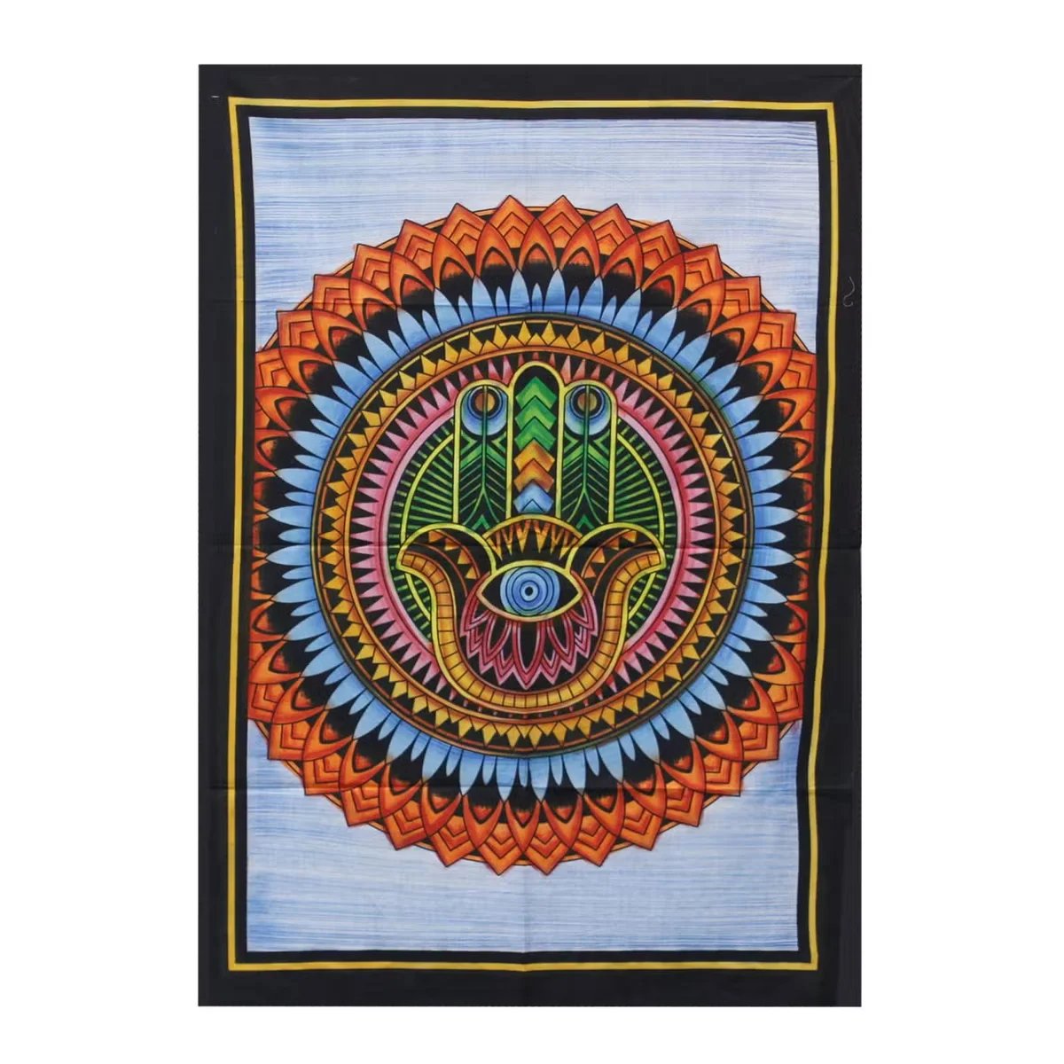 Handbrushed cotton wall art displaying a Hamsa symbol, featured in this hamsa wall decor piece.