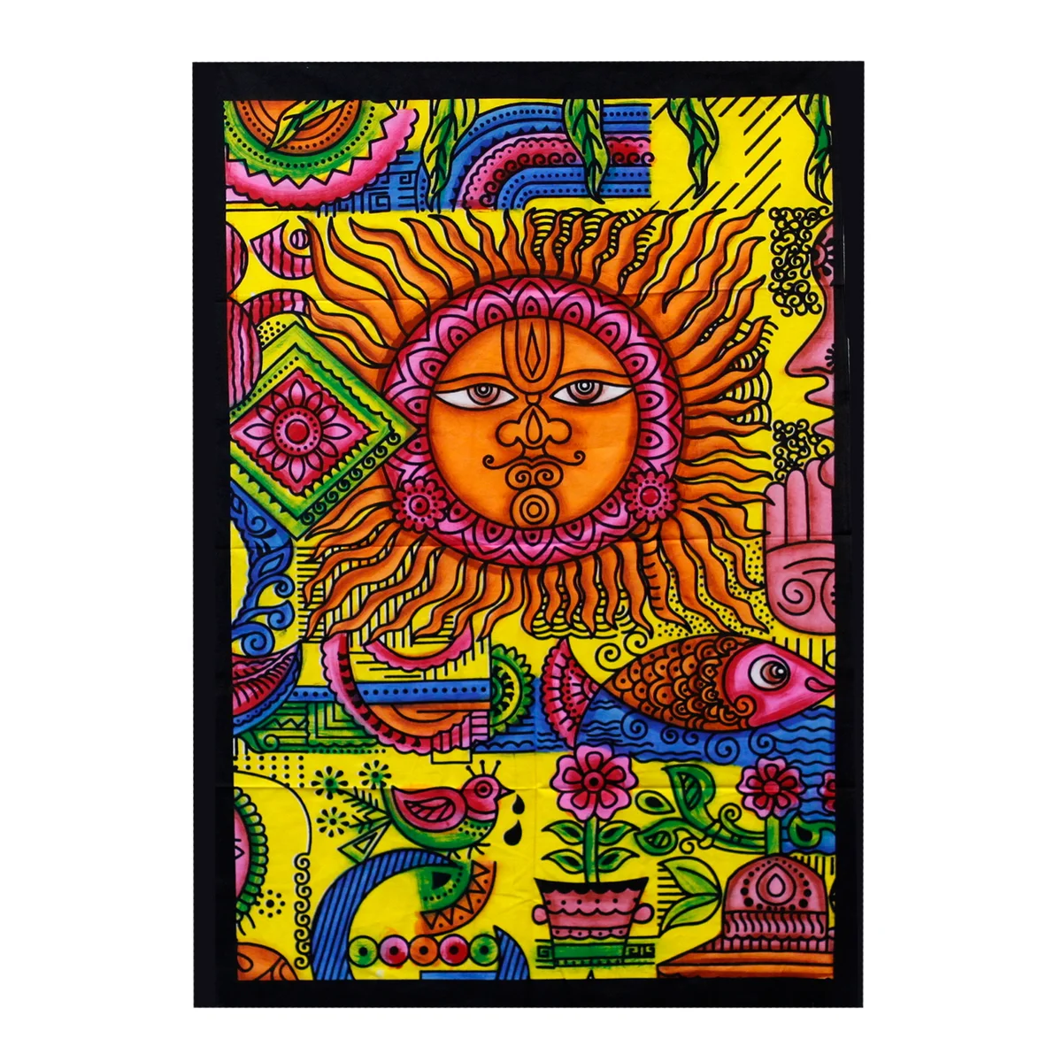 Sun illustration on handbrushed cotton wall art on soft fabric