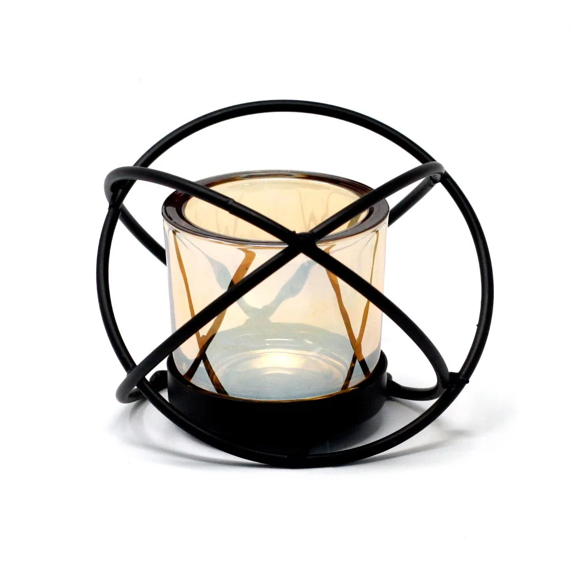 Iron votive candle holder with a single cup-shaped ball, minimalist centrepiece design.