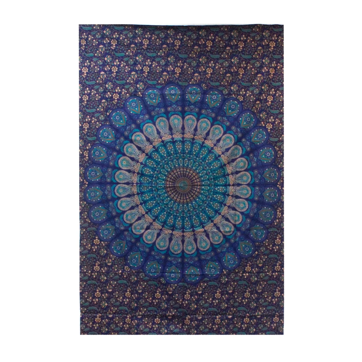 Cotton mandala bedspread draped over a bed with matching mandala wall hanging.