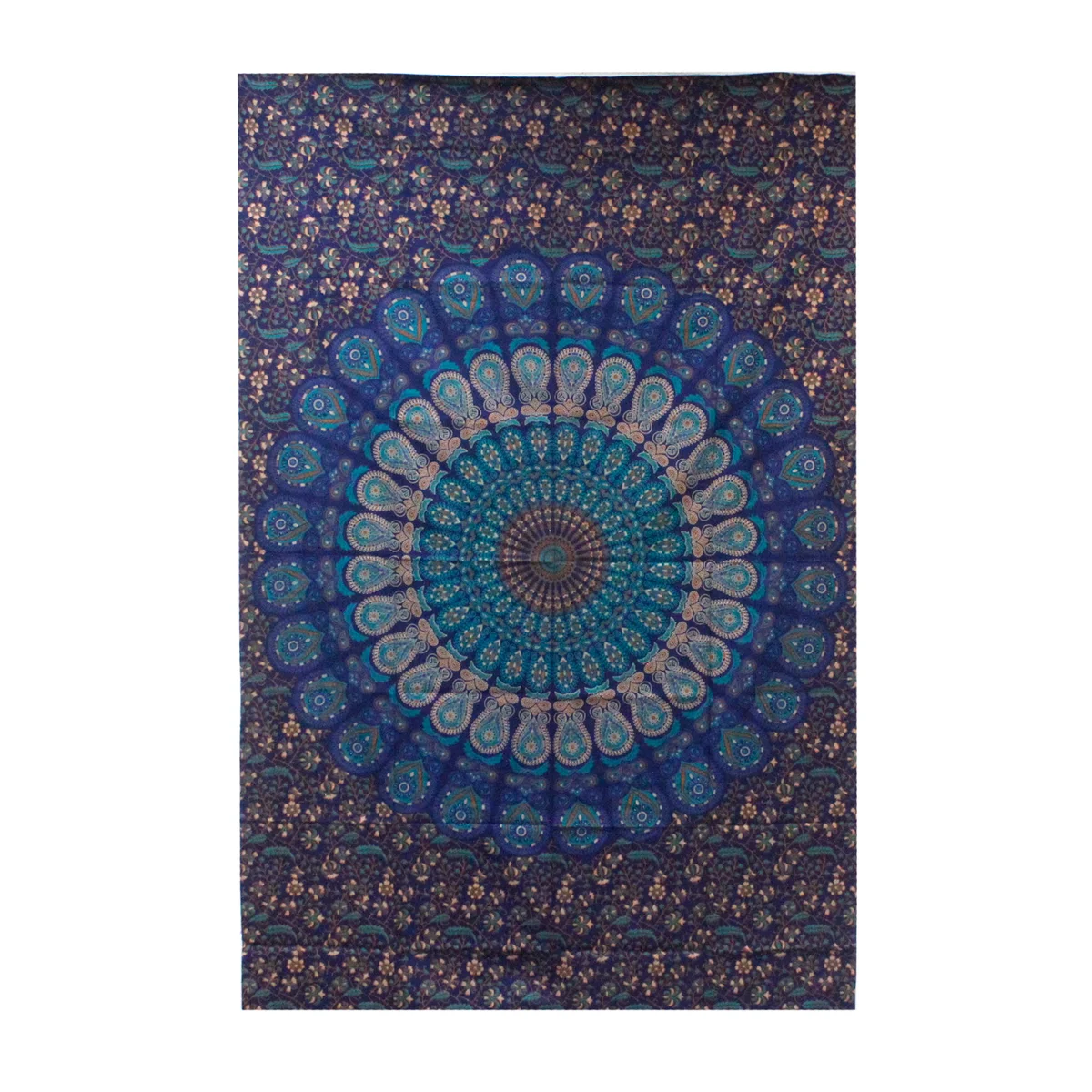 Single size cotton bedspread draped over bed frame with matching mandala pattern wall hanging.