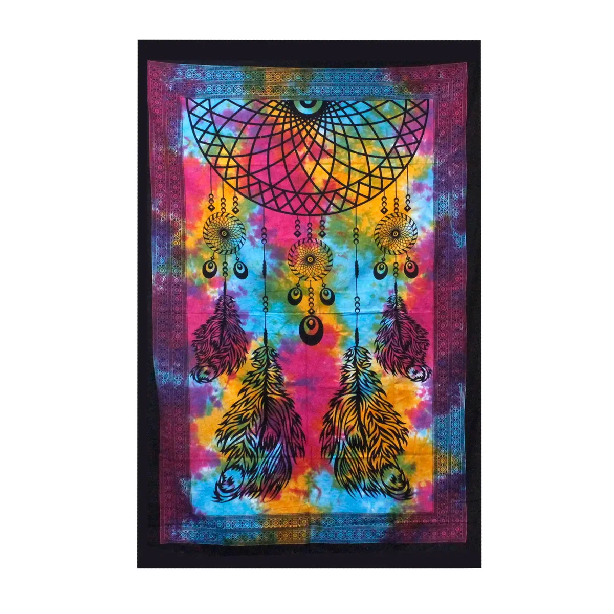 Single cotton bedspread over a bed with a hanging dreamcatcher wall hanging beside it.