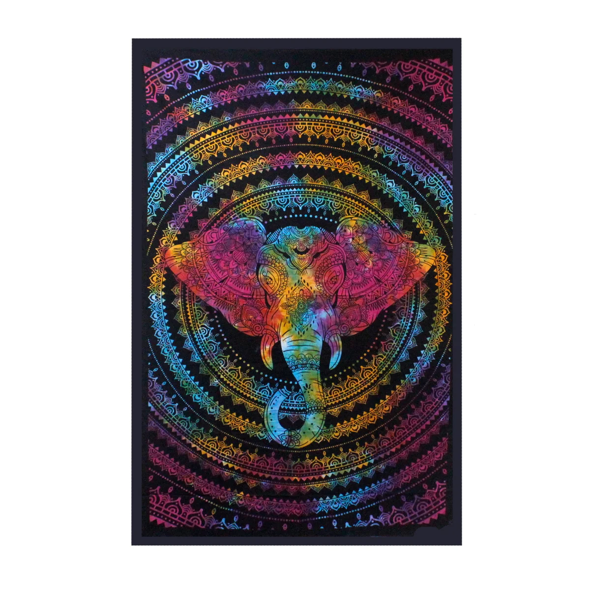 Cotton bedspread paired with an elephant wall hanging featuring a stylised elephant head.