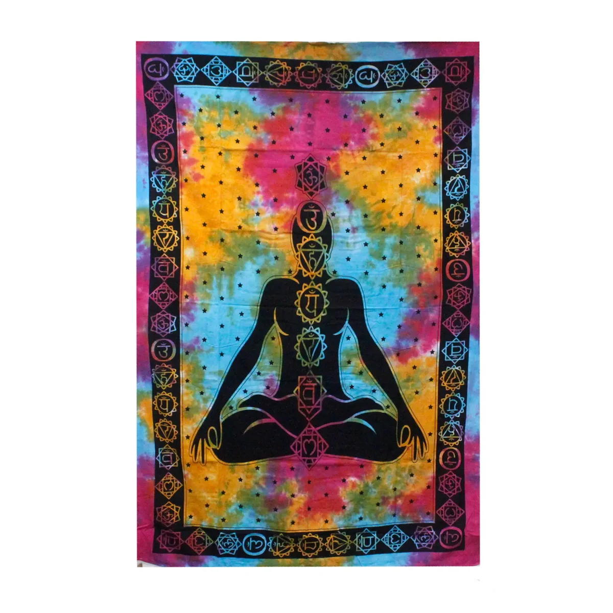 Single cotton bedspread with a colourful chakra Buddha wall hanging beside it