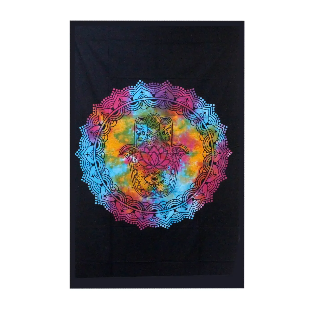Single black cotton bedspread with Hamsa hand design, styled as wall hanging and single bedspread on display