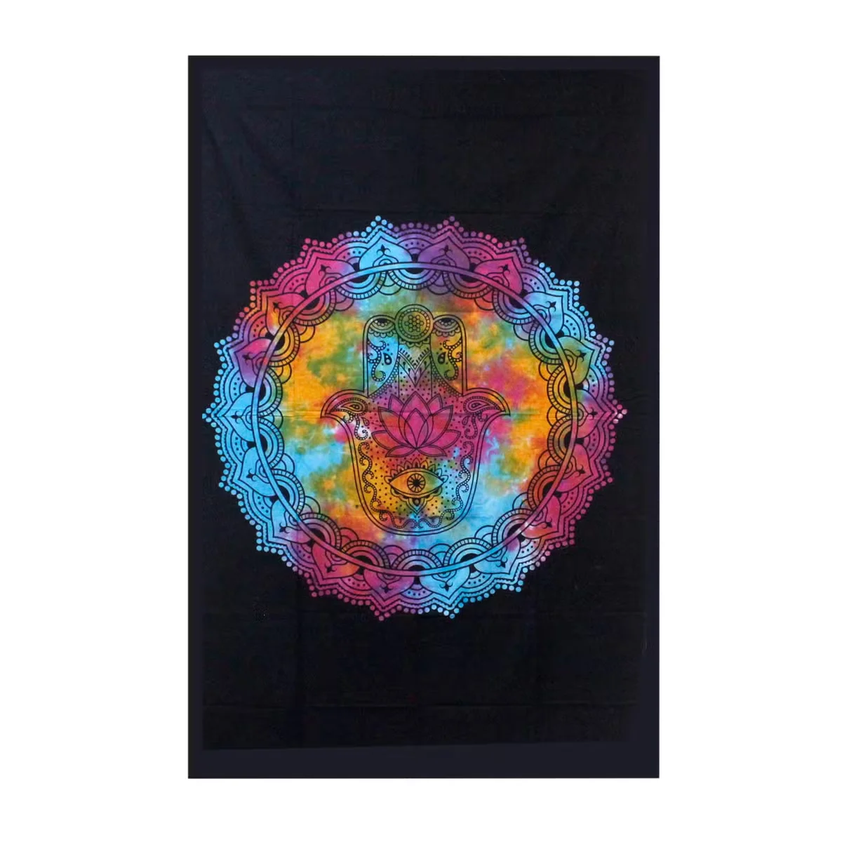 Black Hamsa single cotton bedspread displayed as cotton wall decor hanging on a plain wall background