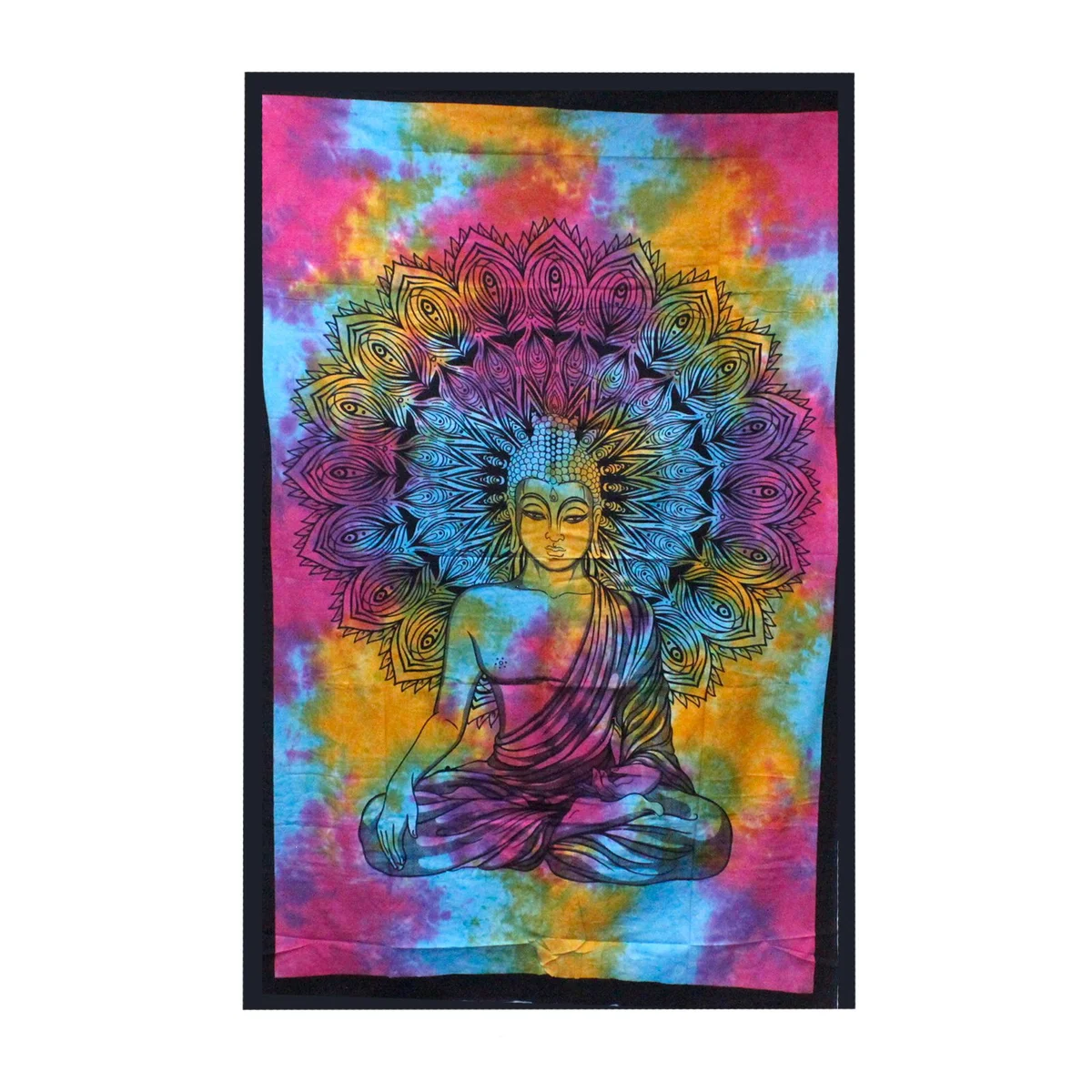 Single cotton bedspread with peaceful Buddha design, displayed as bedspread and wall hanging in calming tones