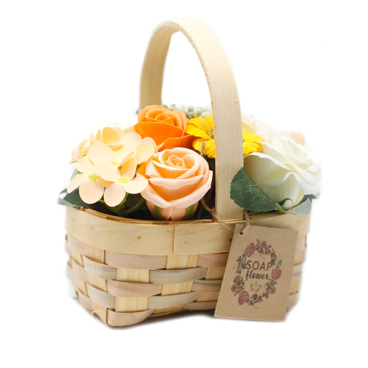 Medium orange flower bouquet arranged in a wicker basket decor piece, ideal for home decoration or gifting