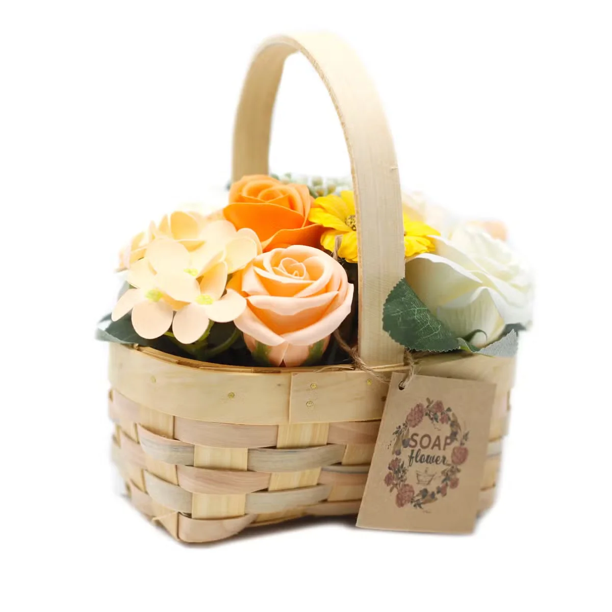Medium orange flowers arranged in a decorative flower basket made of wicker, ideal for home decor and gifting