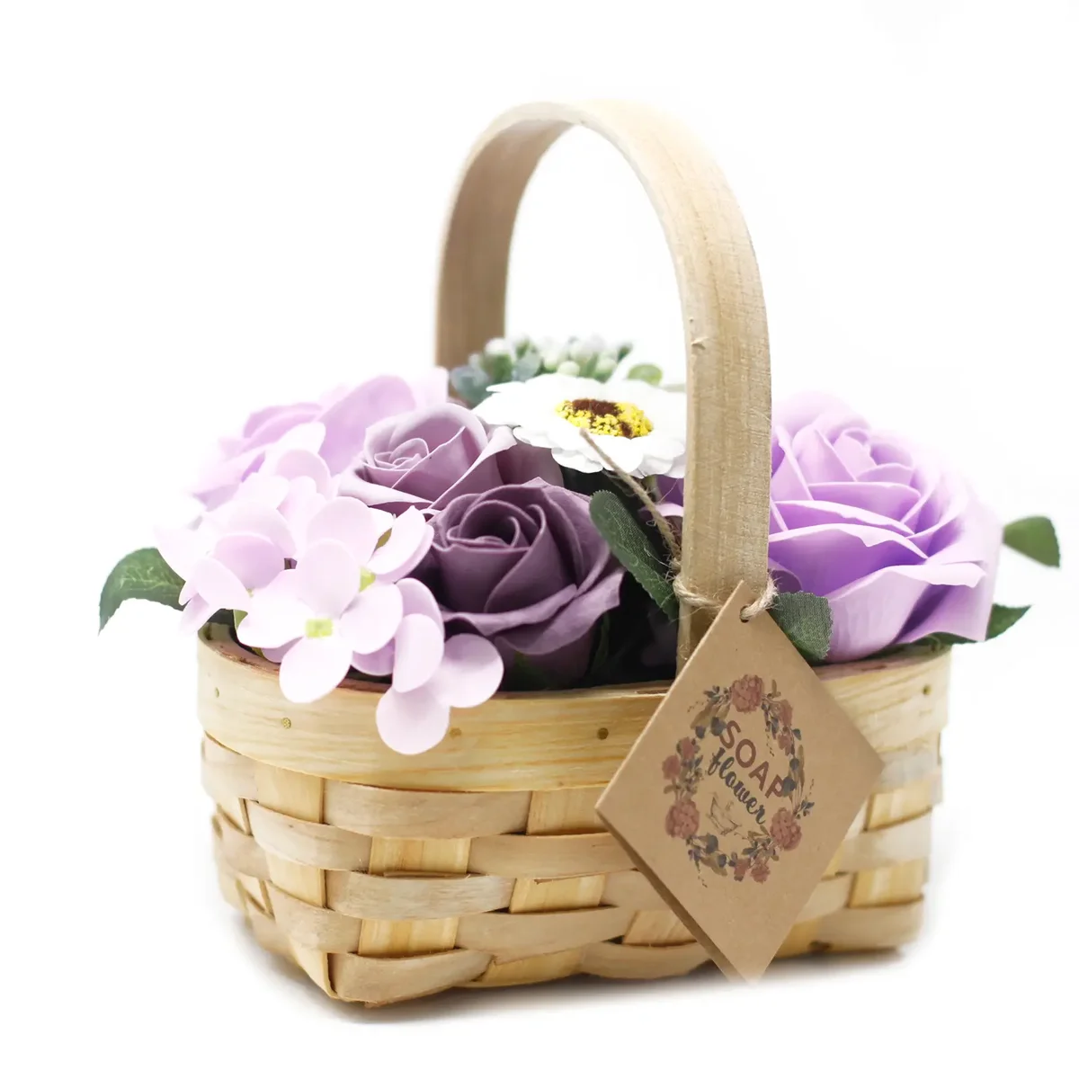 Medium lilac flower basket arranged in a wicker basket with fresh lilac blooms for home decor or gifting
