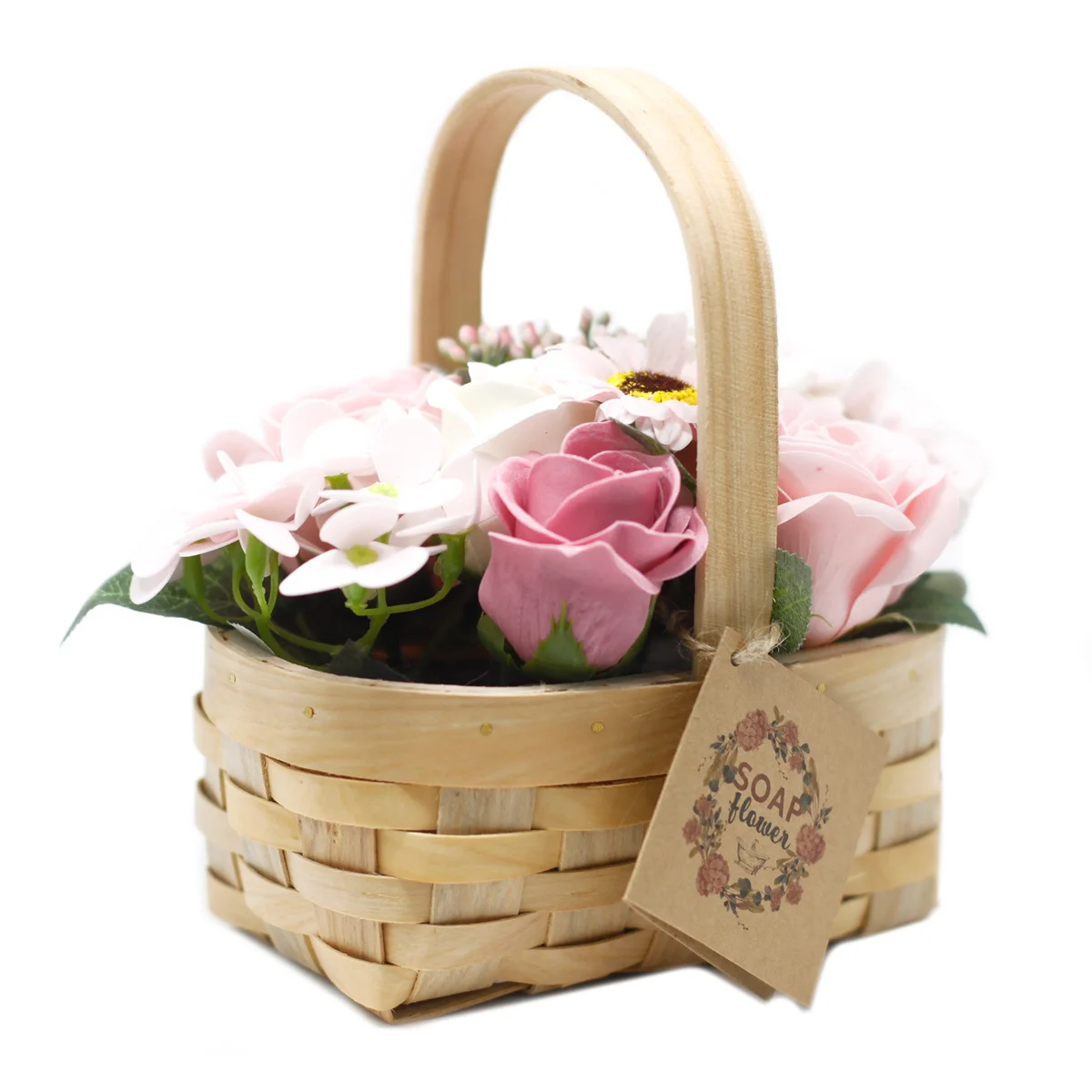 Medium pink flower bouquet arranged in a wicker basket decor, perfect for home decoration or gifting.