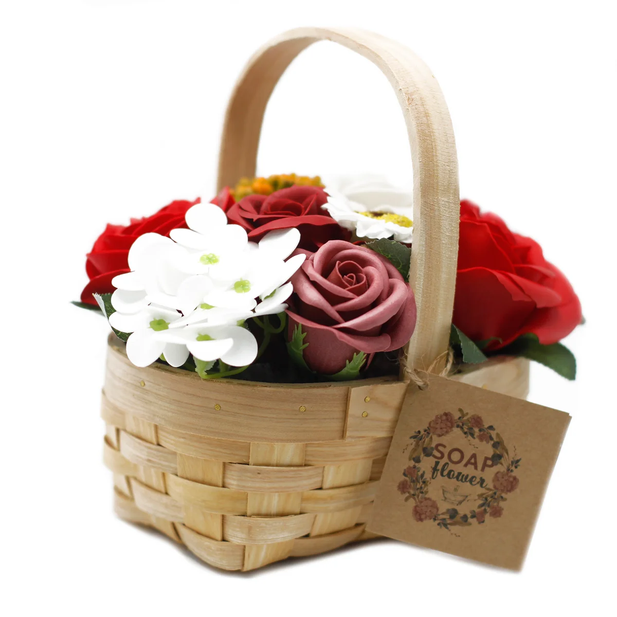Medium red flower bouquet arranged in a wicker basket decor, ideal for home decoration or gifting.