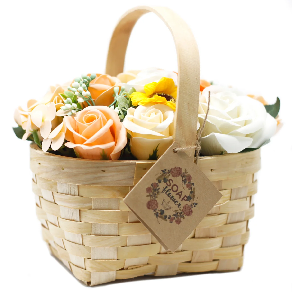 Large orange flower bouquet arranged in a wicker basket bouquet with green leaves and decorative filler flowers