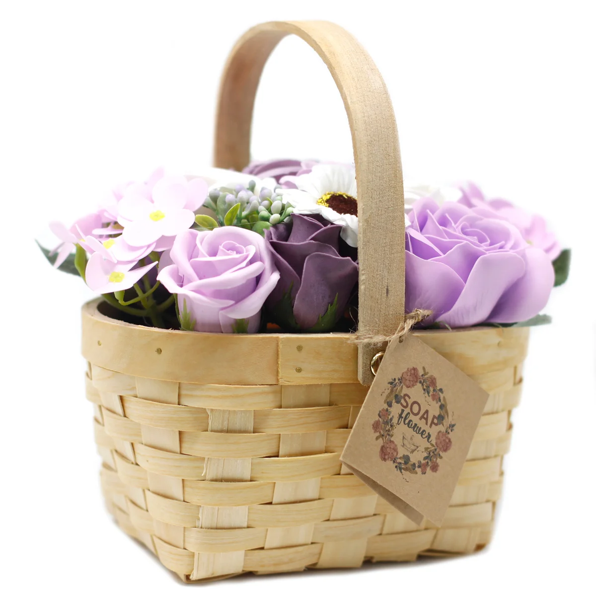 Large bouquet of artificial lilac flowers arranged in a wicker basket with green leaves visible
