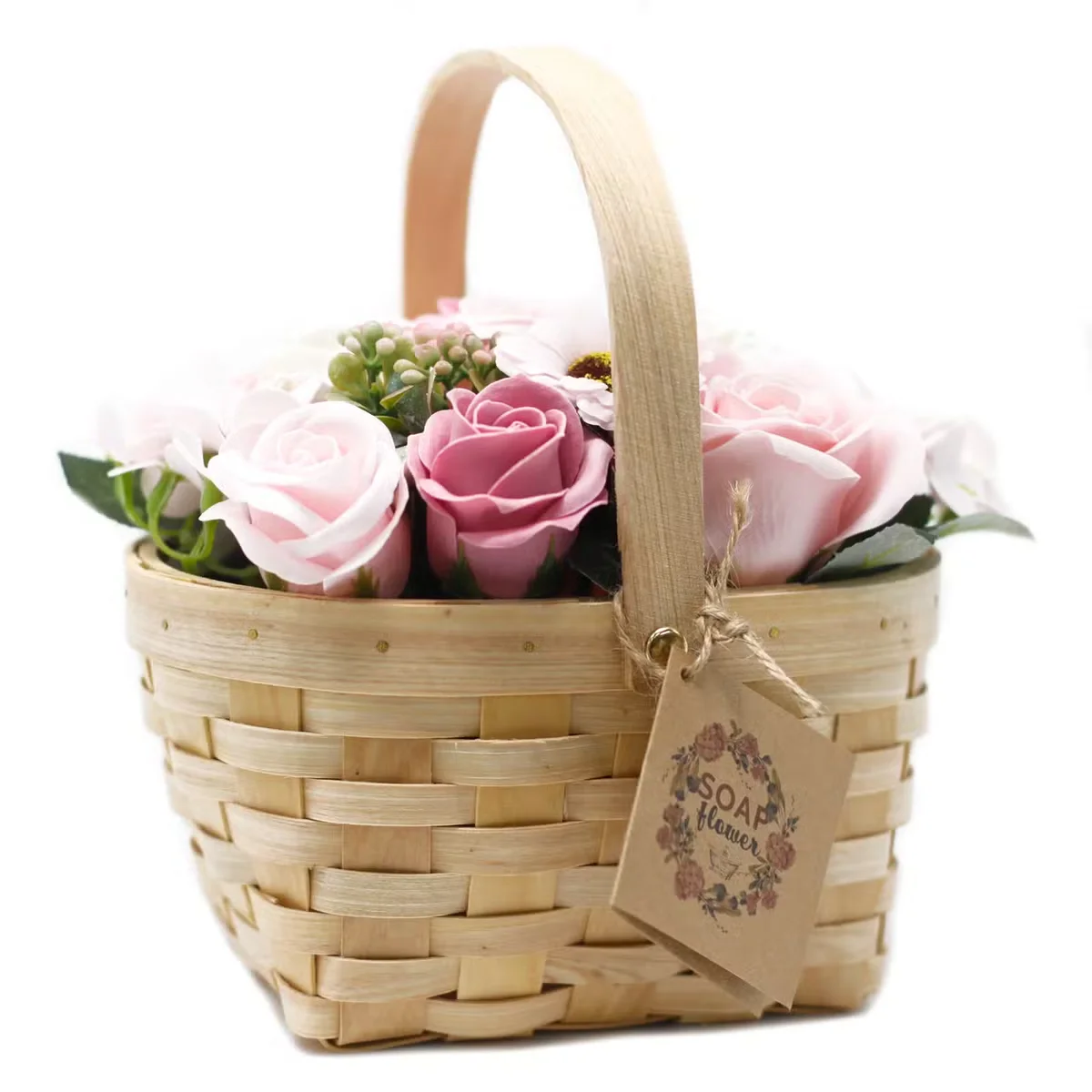Large pink flower bouquet arranged in a wicker decorative flower basket, perfect for home decor or gifting.