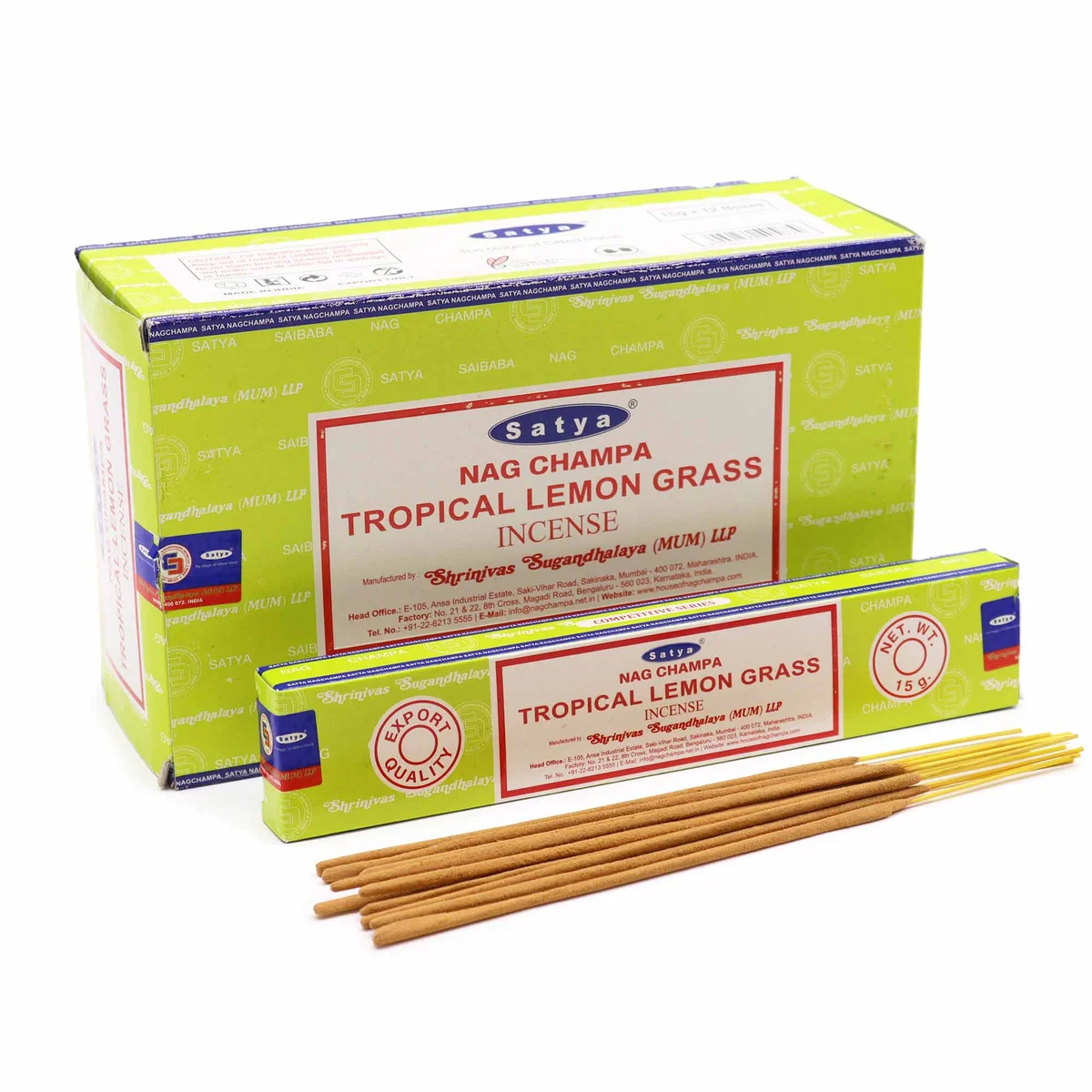 Satya Tropical Lemongrass 15g incense sticks pack showing branded packaging and incense sticks inside