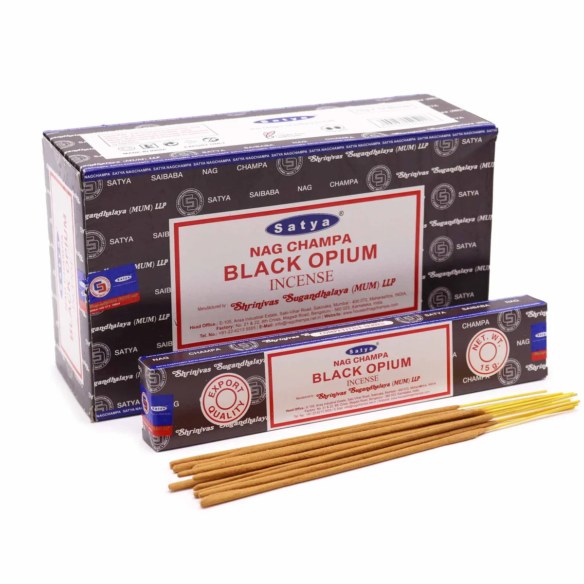 Satya Black Opium 15g incense sticks box with decorative floral design and brand logo on packaging