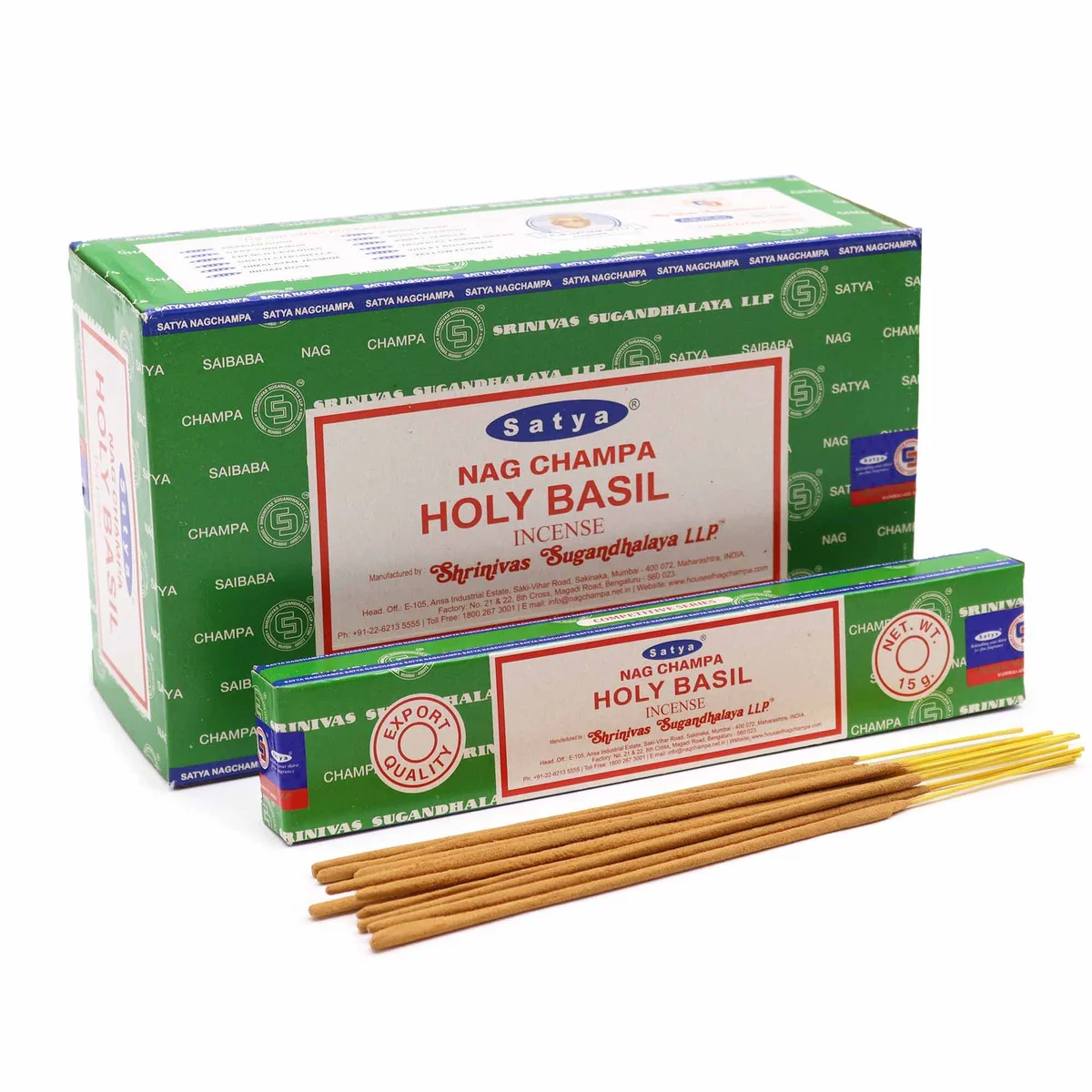 Satya brand holy basil incense sticks pack weighing 15 grams with decorative packaging visible