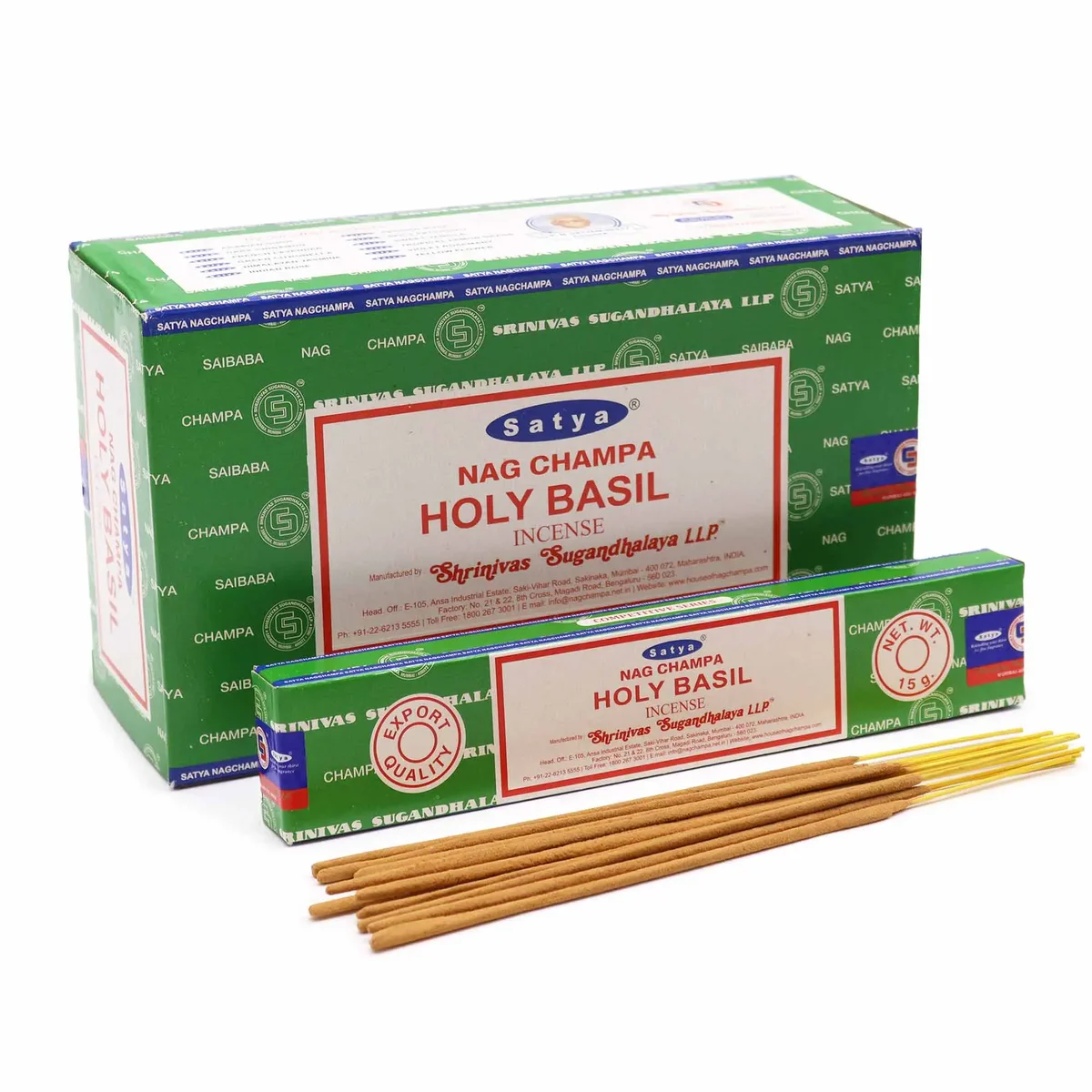 Pack of Satya incense sticks 15g with Holy Basil scent in green and white packaging on white background