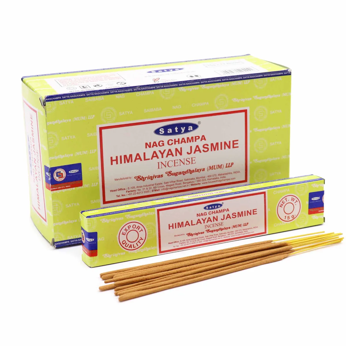 Satya Himalayan Jasmine incense sticks in packaging, showing jasmine incense sticks and 15g label on box