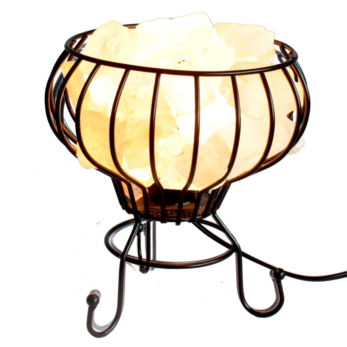 Salt rock brazier with white salt chunks, metal container, charging cable, and glowing bulb.