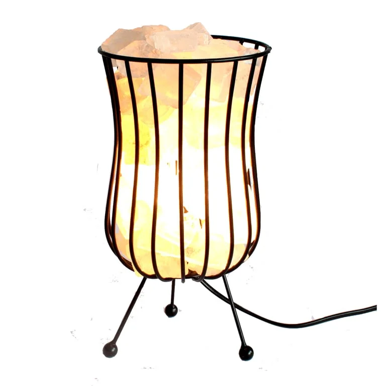 Tall salt rock brazier holding white salt chunks, with decorative cable and light bulb