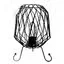 Industrial iron lamp with mesh shade, exposed iron frame, cable, and glowing bulb hanging from a wall mount.