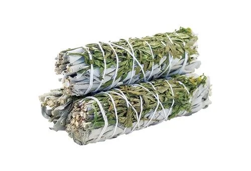 White sage smudge stick 10cm bundle with ruda, ready to light, displayed on neutral background.