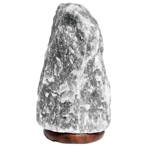 Grey Himalayan 1.5 to 2kg salt lamp with natural textured surface on wooden base against white background