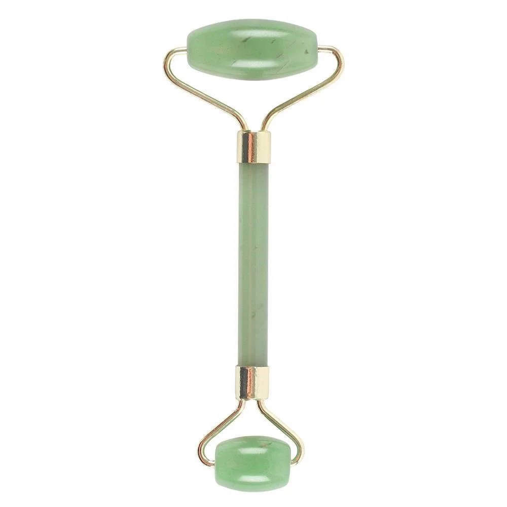 Jade face roller with smooth green gemstone rollers and wooden handle for facial massage and skincare routines