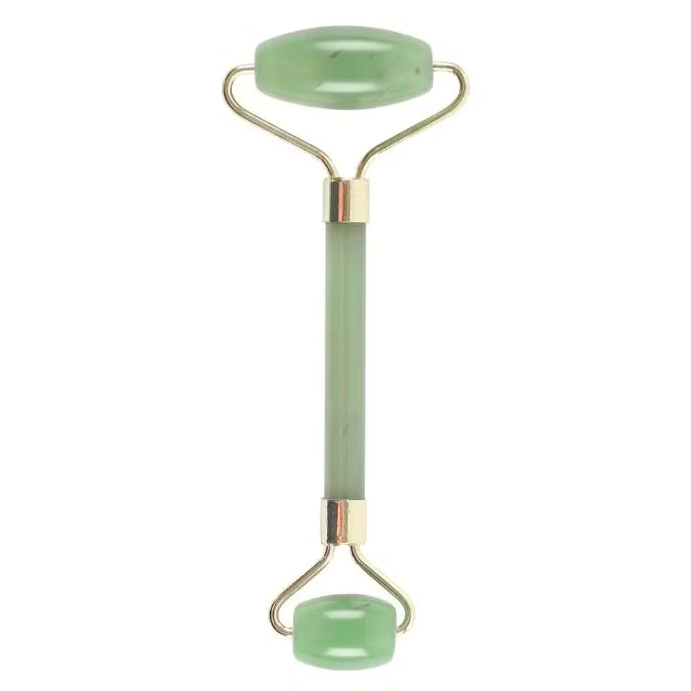 Jade gemstone face massage roller with smooth stone heads for facial skincare and relaxation, shown on white background
