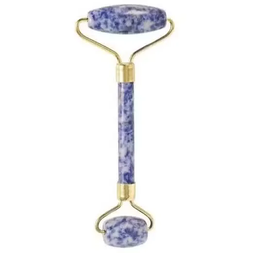 Sodalite gemstone face roller with smooth blue stones and wooden handle, a sodalite skincare tool for facial massage