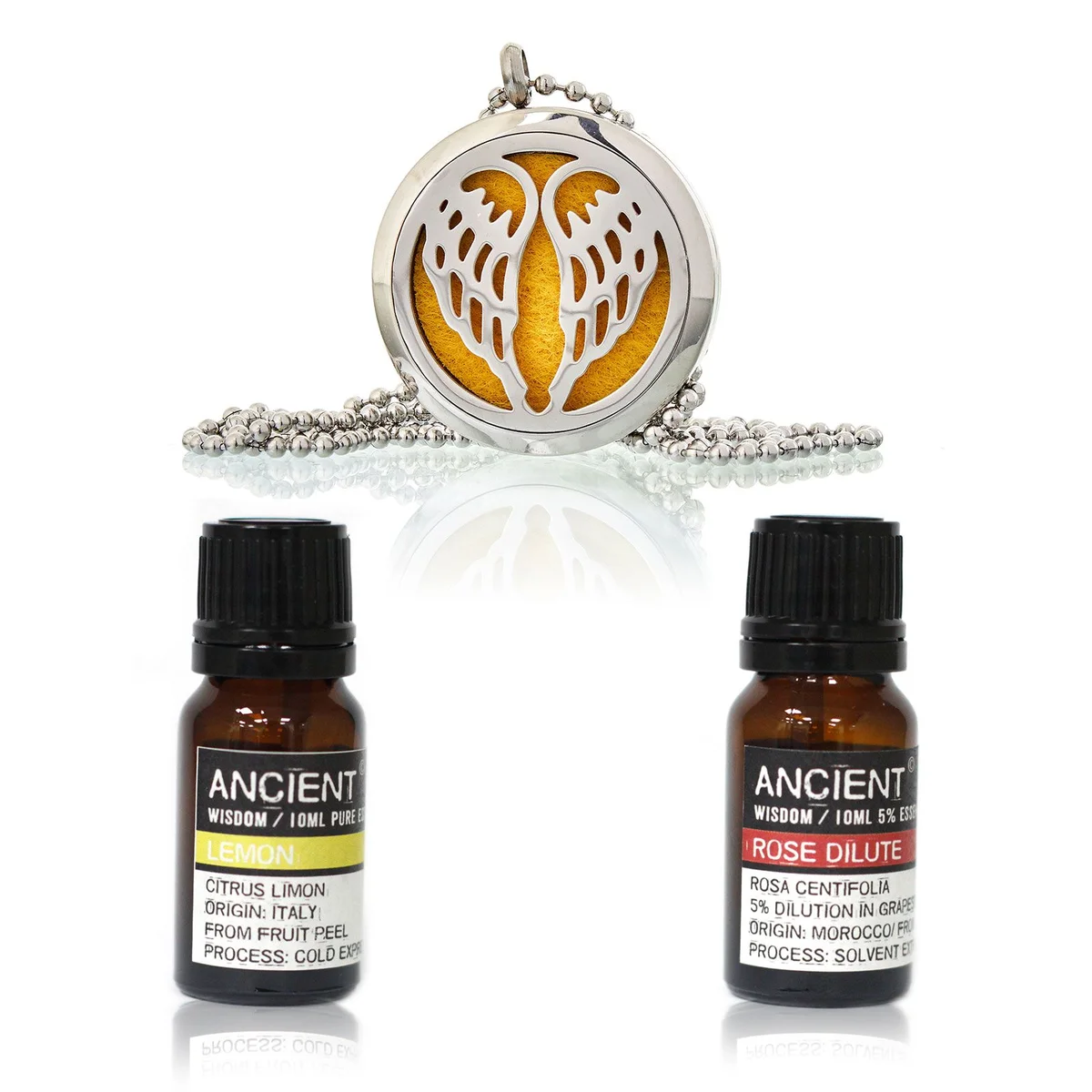 Diffuser necklace set with a pendant and three small essential oil bottles on a white background