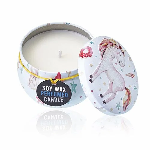 Art tin candle featuring a unicorn and moonstone design in a decorative tin container
