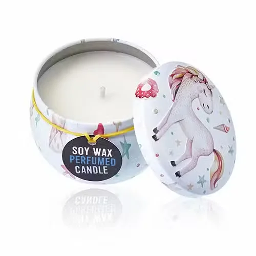 Decorative tin candle with unicorn and moonstone design in assorted art tin packaging