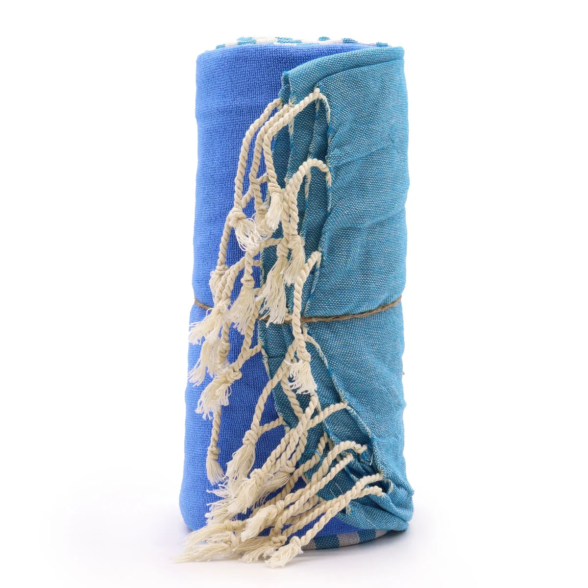 Cotton bath towel measuring 100x180 cm, sky blue colour, rolled and displayed on a wall rack.