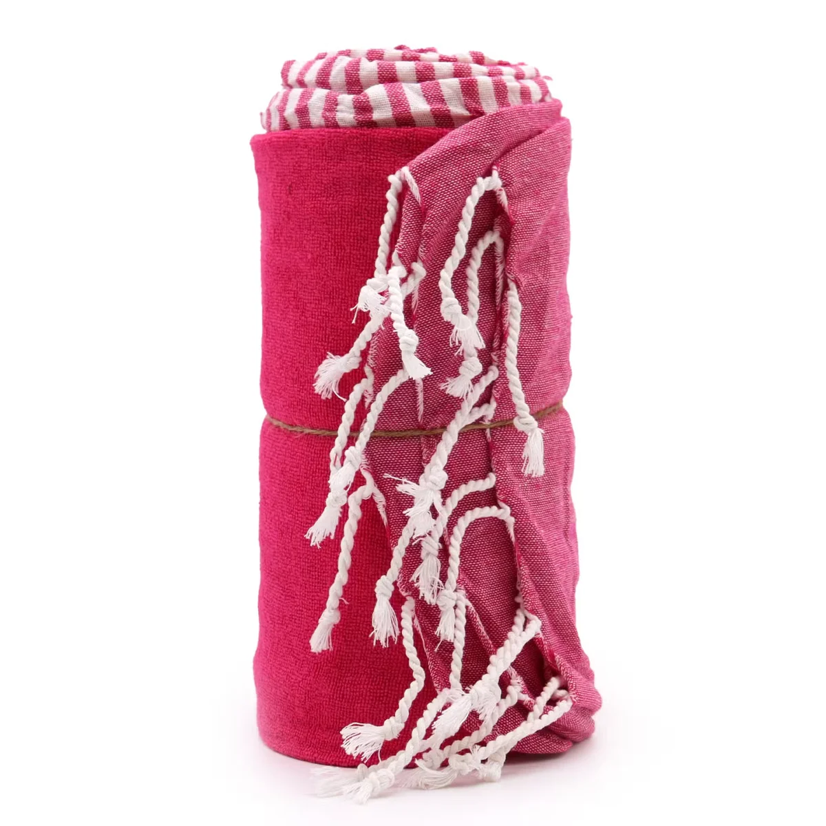 Large hot pink cotton bath towel 100x180 cm, folded and displayed on a towel rack.