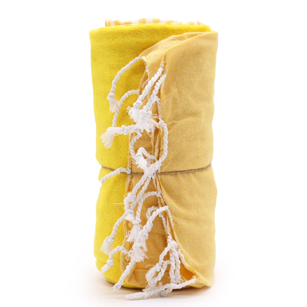 Sunny yellow cotton 100x180 cm towel, folded on wooden surface.