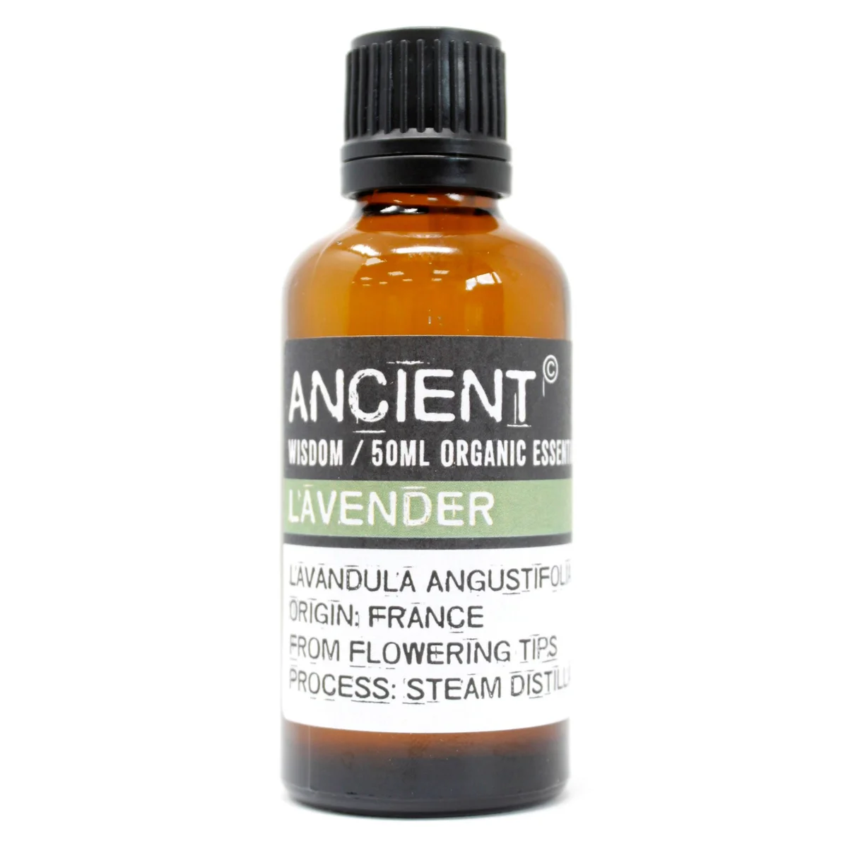 Lavender organic essential oil 50ml glass bottle in a clear display.