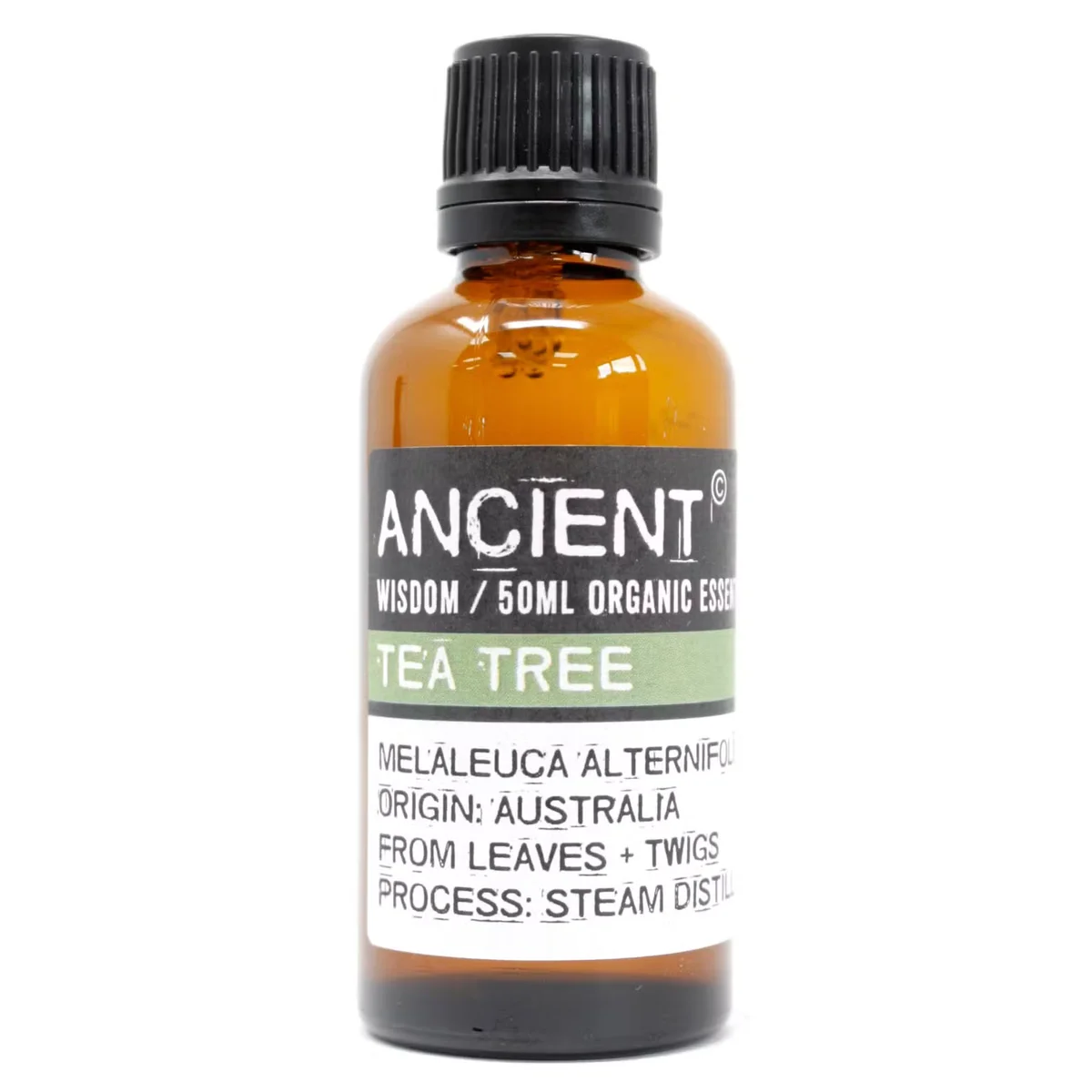 Clear glass bottle of tea tree oil 50ml, organic, labeled Tea Tree Organic Essential Oil.
