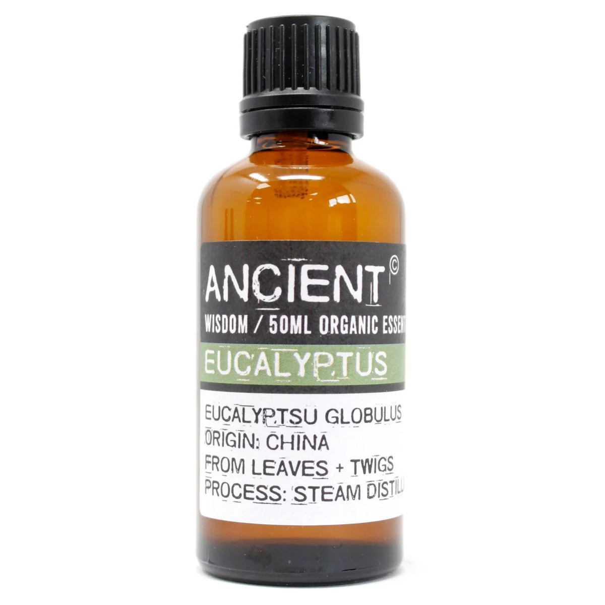 Glass bottle of 50ml organic eucalyptus oil with a dark green label and dropper cap.